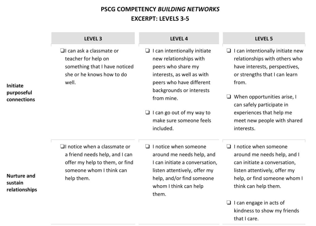 learner-centered competency framework design | Image of the skill progression for the competency Building Networks